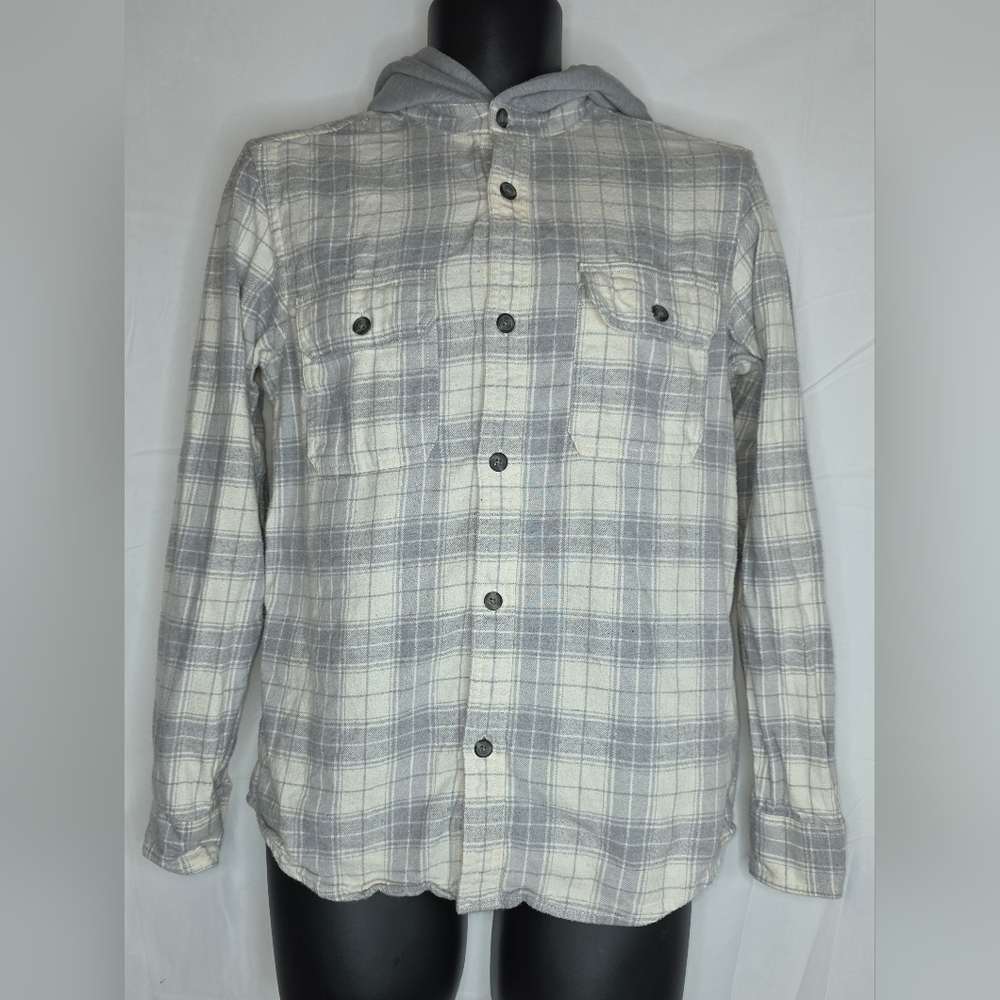 Old Navy Gray White Plaid Warm Soft Hooded Button-Up Flannel Size Small BP-3069